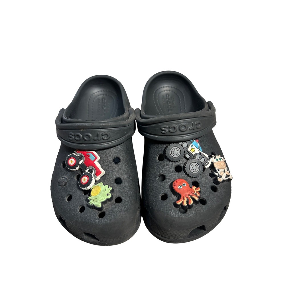 Crocs Kids Classic Clogs Black Size C10 with Monster Truck Animal Jibbitz Charms